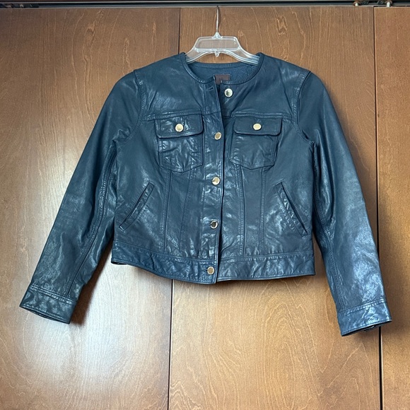 Lrl Navy Collarless Trucker Lamb Leather Jacket Sz 6